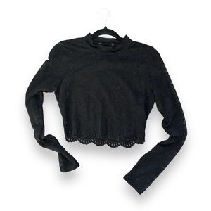 Black Floral Lace Cropped Long Sleeve Top